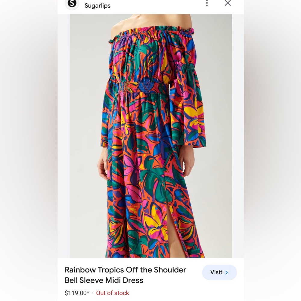 🆕#168-SUGARLIPS DRESS, Rainbow Tropics Off the Shoulder Bell Sleeve Midi Size M - Picture 12 of 13